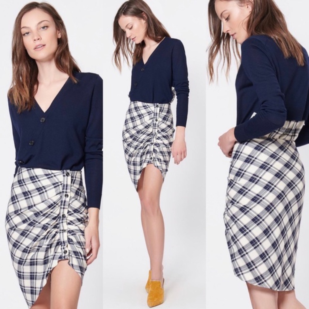 NWT! VERONICA BEARD ‘Murphy’ Plaid Ruched Button Navy/Cream Mini Skirt size 2/XS